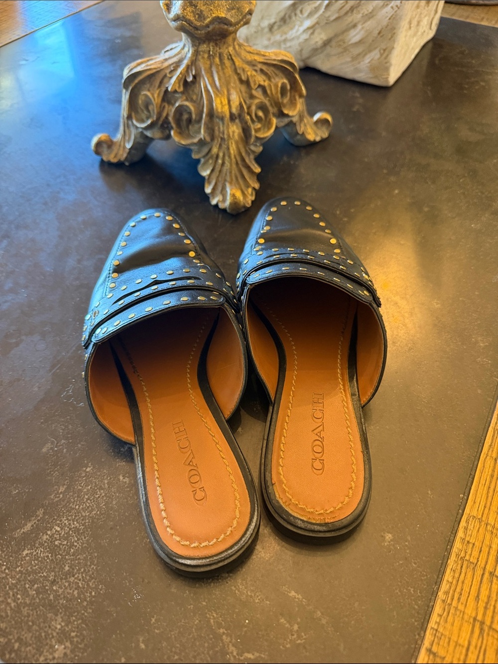 COACH Black Leather Studded Slip-On Mules - Picture 2 of 4